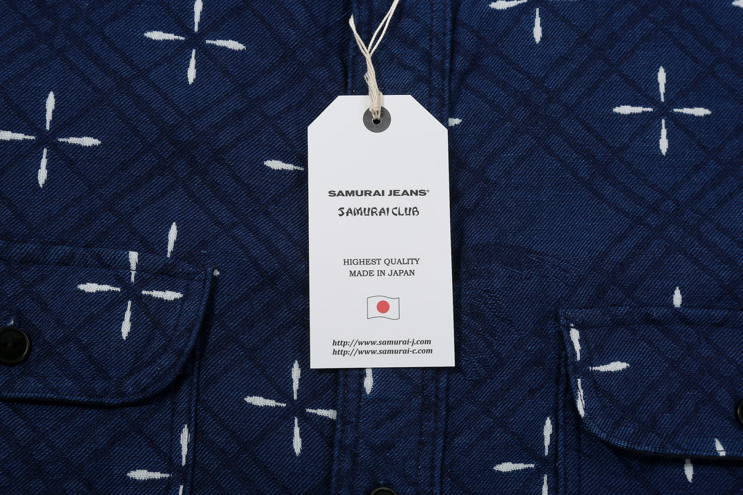 Samurai Jeans SSS25-02W "Narihira" Diamond & Goldfish Indgio Jacquard Work Shirt Made in Japan Paper Tag