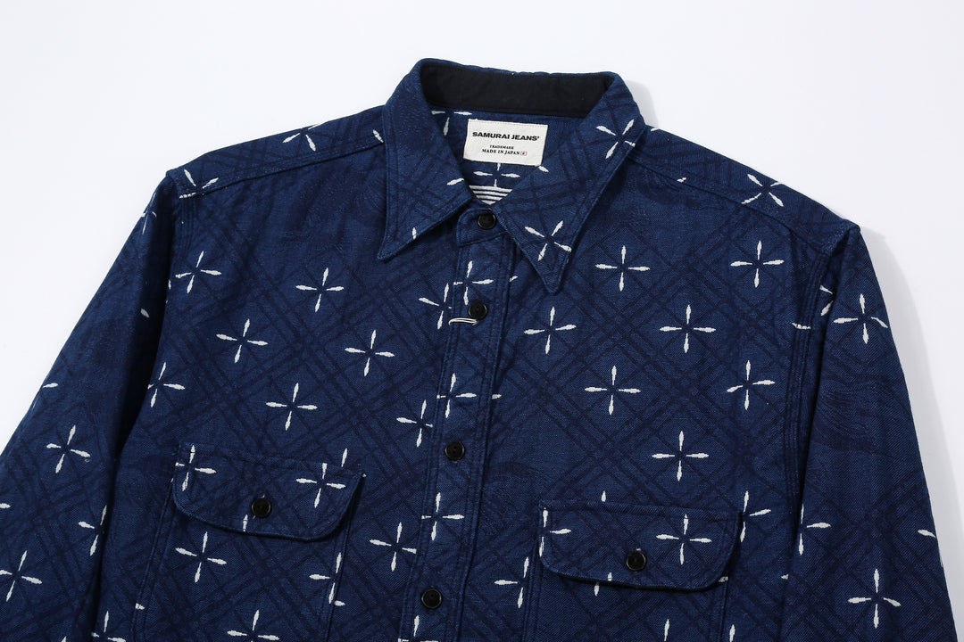 Samurai Jeans SSS25-02W "Narihira" Diamond & Goldfish Indgio Jacquard Work Shirt Made in Japan Collar