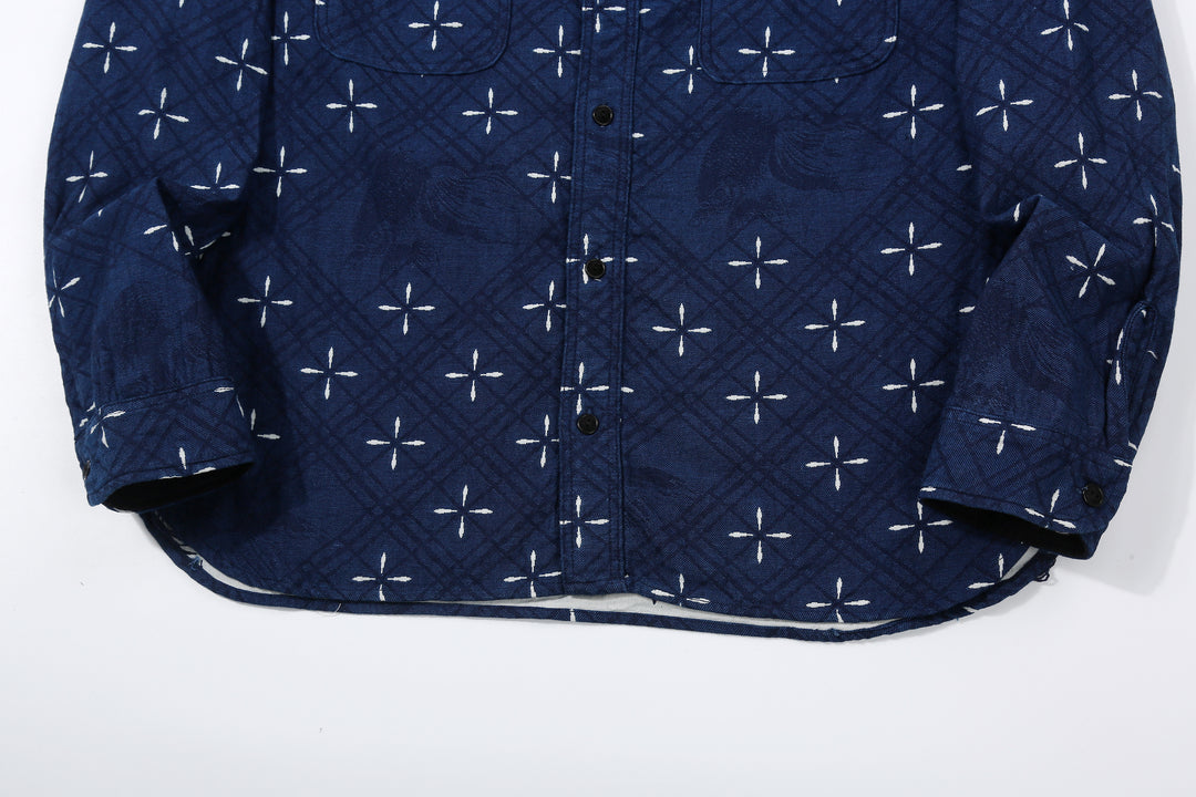 Samurai Jeans SSS25-02W "Narihira" Diamond & Goldfish Indgio Jacquard Work Shirt Made in Japan Hem and Sleeve
