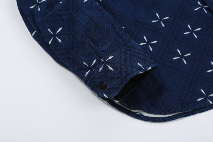 Samurai Jeans SSS25-02W "Narihira" Diamond & Goldfish Indgio Jacquard Work Shirt Made in Japan Sleeve Cuff