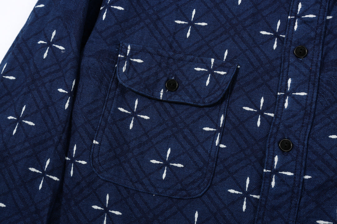 Samurai Jeans SSS25-02W "Narihira" Diamond & Goldfish Indgio Jacquard Work Shirt Made in Japan Chest Pocket Right
