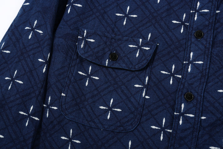 Samurai Jeans SSS25-02W "Narihira" Diamond & Goldfish Indgio Jacquard Work Shirt Made in Japan Chest Pocket Right