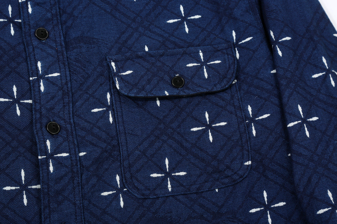 Samurai Jeans SSS25-02W "Narihira" Diamond & Goldfish Indgio Jacquard Work Shirt Made in Japan Chest Pocket Left