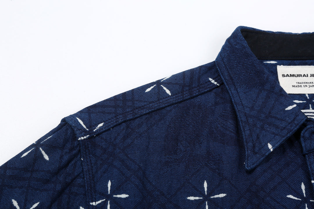 Samurai Jeans SSS25-02W "Narihira" Diamond & Goldfish Indgio Jacquard Work Shirt Made in Japan Shoulder Seam