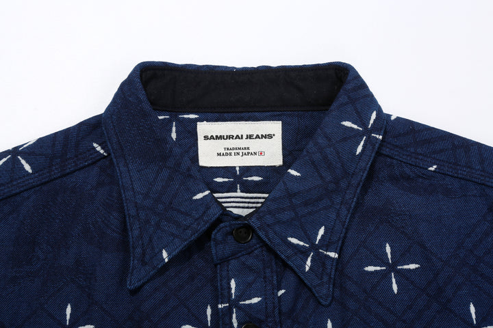 Samurai Jeans SSS25-02W "Narihira" Diamond & Goldfish Indgio Jacquard Work Shirt Made in Japan Samurai Label