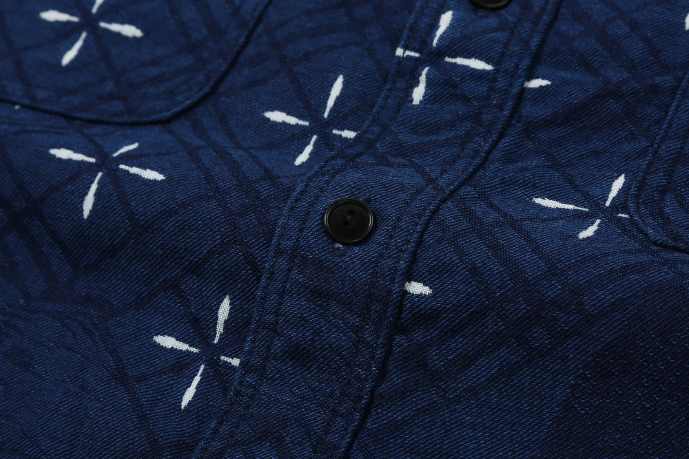 Samurai Jeans SSS25-02W "Narihira" Diamond & Goldfish Indgio Jacquard Work Shirt Made in Japan Button