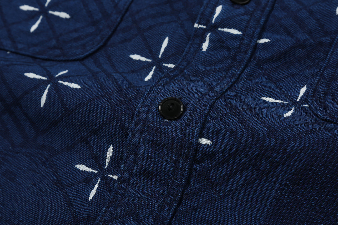 Samurai Jeans SSS25-02W "Narihira" Diamond & Goldfish Indgio Jacquard Work Shirt Made in Japan Button