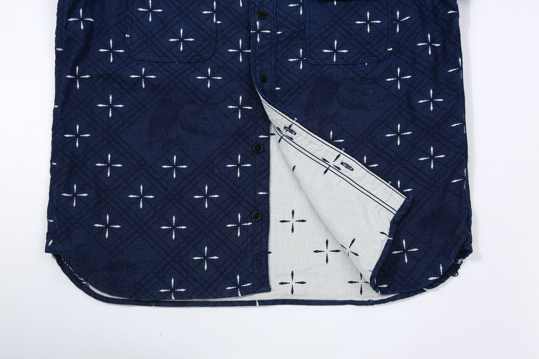 Samurai Jeans SSS25-02W "Narihira" Diamond & Goldfish Indgio Jacquard Work Shirt Made in Japan　Hem