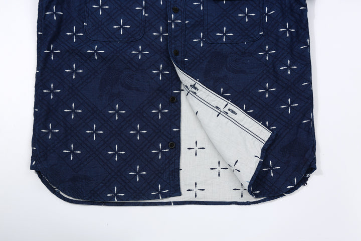 Samurai Jeans SSS25-02W "Narihira" Diamond & Goldfish Indgio Jacquard Work Shirt Made in Japan　Hem