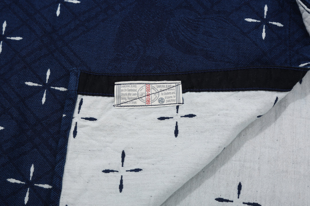 Samurai Jeans SSS25-02W "Narihira" Diamond & Goldfish Indgio Jacquard Work Shirt Made in Japan Reverse SIde and Union Ticket Detail