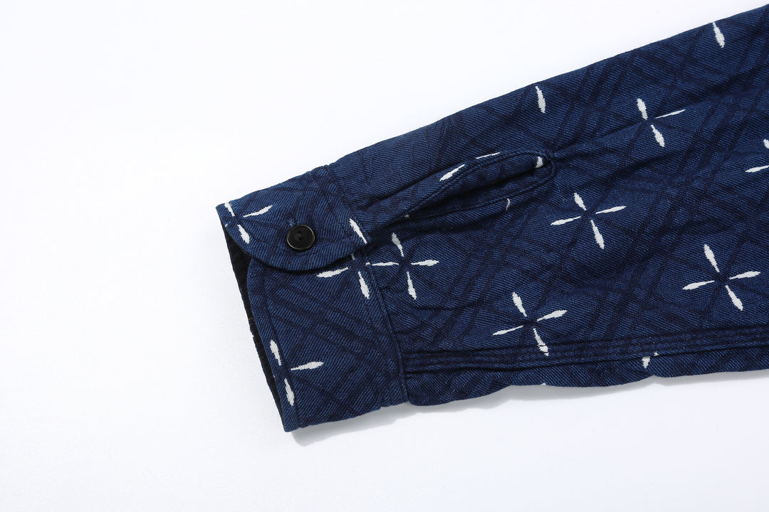 Samurai Jeans SSS25-02W "Narihira" Diamond & Goldfish Indgio Jacquard Work Shirt Made in Japan Sleeve Placket