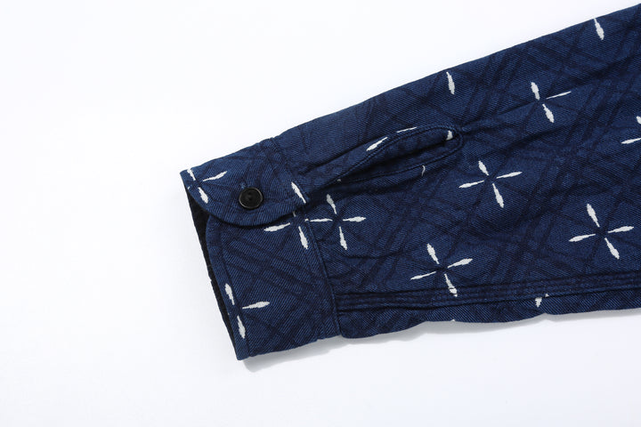 Samurai Jeans SSS25-02W "Narihira" Diamond & Goldfish Indgio Jacquard Work Shirt Made in Japan Sleeve Placket