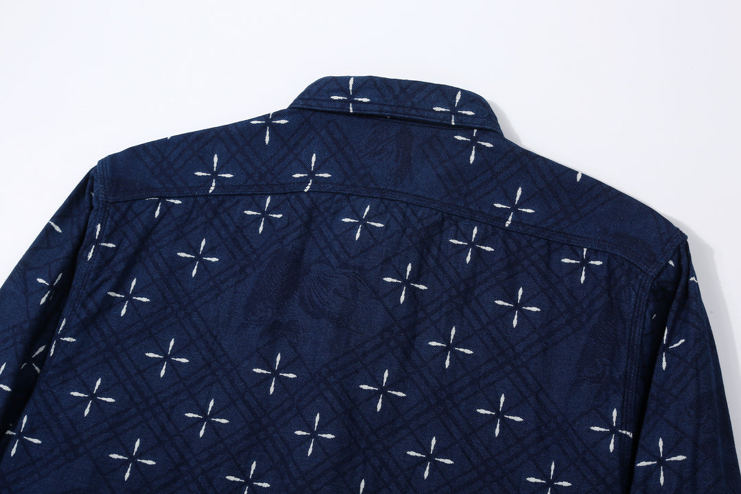 Samurai Jeans SSS25-02W "Narihira" Diamond & Goldfish Indgio Jacquard Work Shirt Made in Japan Back Yoke