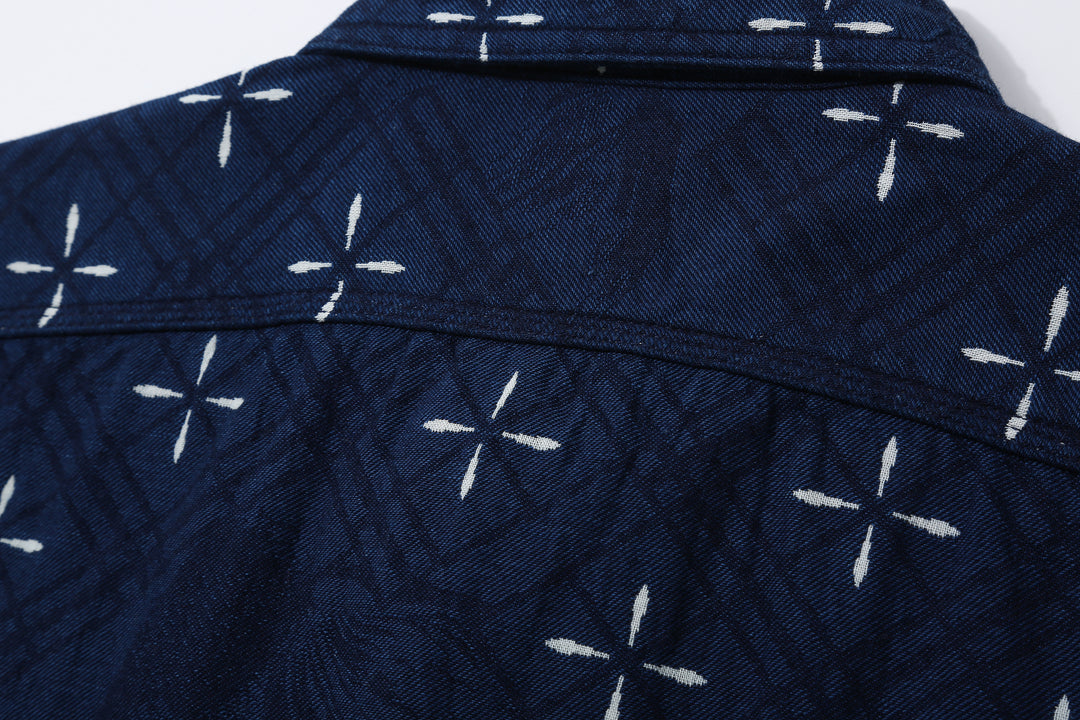 Samurai Jeans SSS25-02W "Narihira" Diamond & Goldfish Indgio Jacquard Work Shirt Made in Japan Yoke Stitching