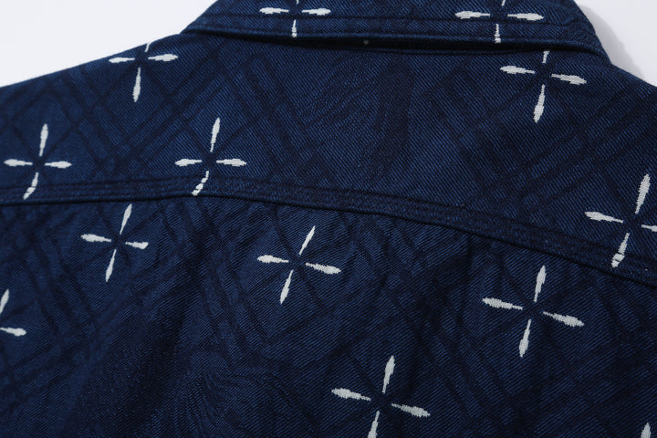 Samurai Jeans SSS25-02W "Narihira" Diamond & Goldfish Indgio Jacquard Work Shirt Made in Japan Yoke Stitching