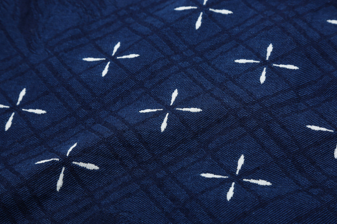 Samurai Jeans SSS25-02W "Narihira" Diamond & Goldfish Indgio Jacquard Work Shirt Made in Japan Fabric Close Up