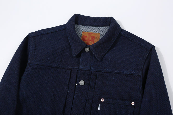 Omoto Denim 3121 indigo sashiko Type 1 jacket Japanese handmade fabric detail