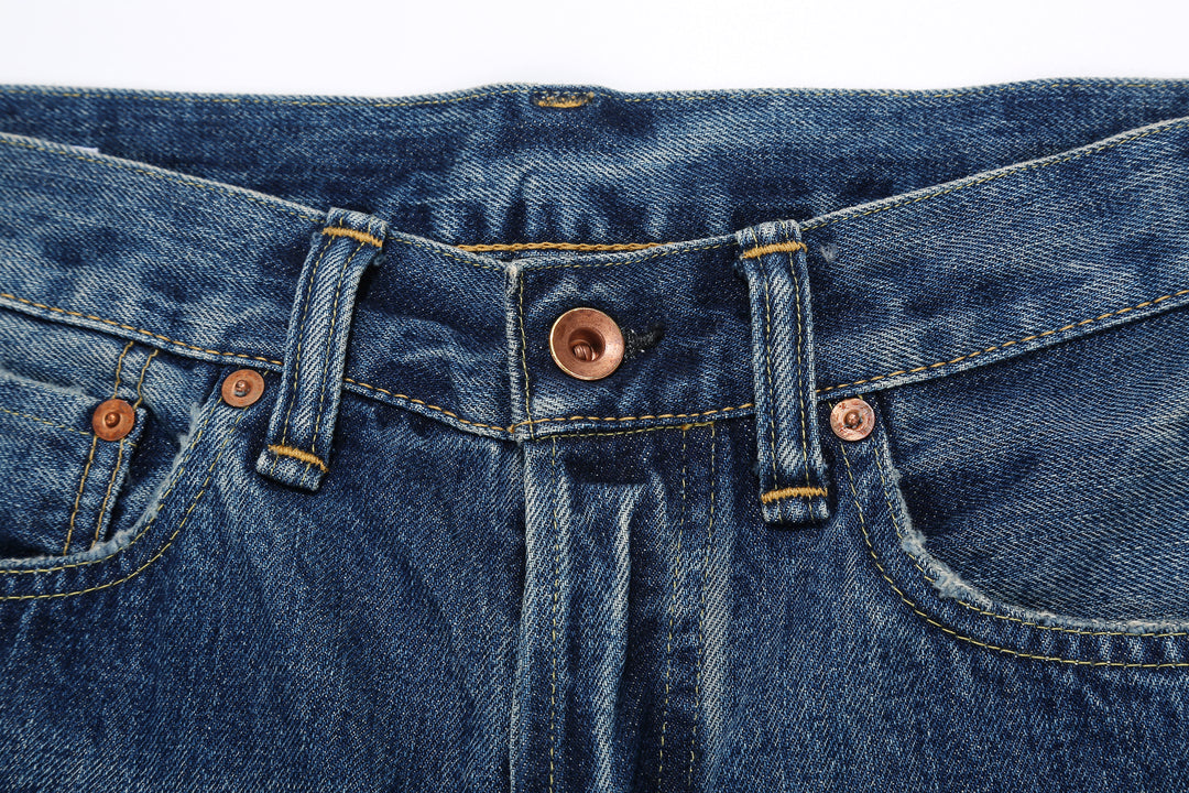 Brú na Bóinne 7776A 13.5oz Selvedge Denim - Patchwork Vintage Wash Made in Japan Button Detail