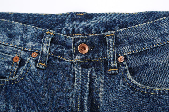 Brú na Bóinne 7776A 13.5oz Selvedge Denim - Patchwork Vintage Wash Made in Japan Button Detail