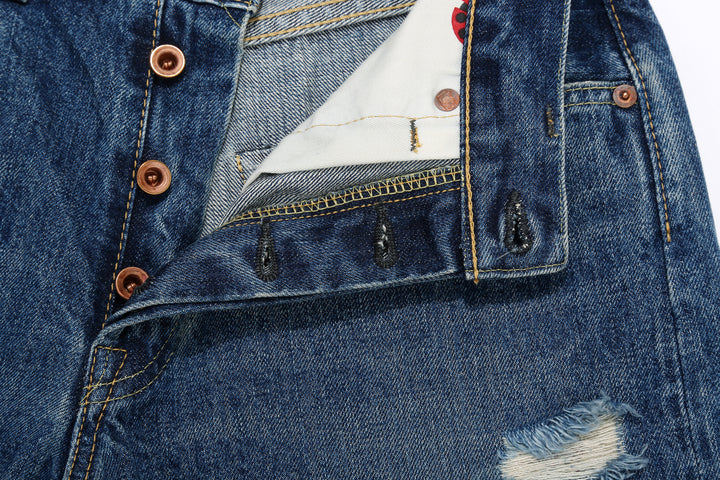 Brú na Bóinne 7776A 13.5oz Selvedge Denim - Patchwork Vintage Wash Made in Japan Button Hole