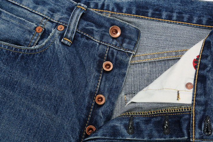 Brú na Bóinne 7776A 13.5oz Selvedge Denim - Patchwork Vintage Wash Made in Japan Buttons Close Up