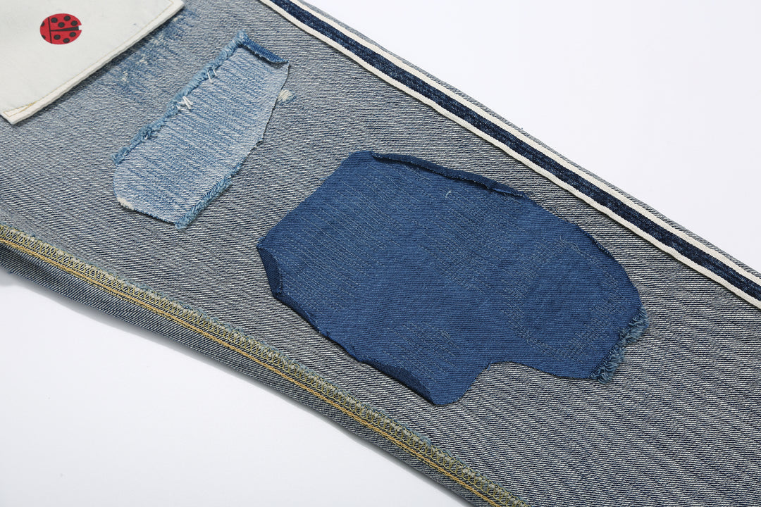 Brú na Bóinne 7776A 13.5oz Selvedge Denim - Patchwork Vintage Wash Made in Japan Mending Detail Reverse Side