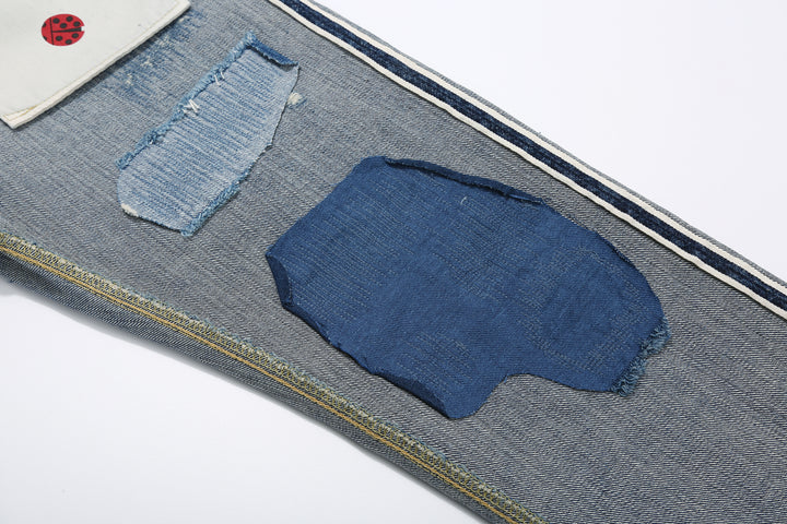 Brú na Bóinne 7776A 13.5oz Selvedge Denim - Patchwork Vintage Wash Made in Japan Mending Detail Reverse Side