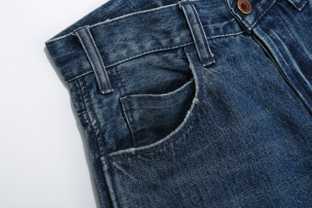 Brú na Bóinne 7777A 13.5oz Selvedge Denim - Patchwork Vintage Wash Wide Tapered Fit Made in Japan Front Right Pocket Close Up