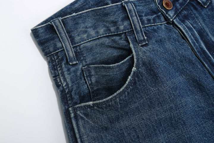 Brú na Bóinne 7777A 13.5oz Selvedge Denim - Patchwork Vintage Wash Wide Tapered Fit Made in Japan Front Right Pocket Close Up