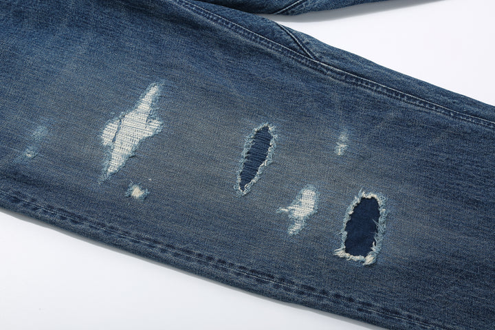 Brú na Bóinne 7777A 13.5oz Selvedge Denim - Patchwork Vintage Wash Wide Tapered Fit Made in Japan Mending Detail and Stitich