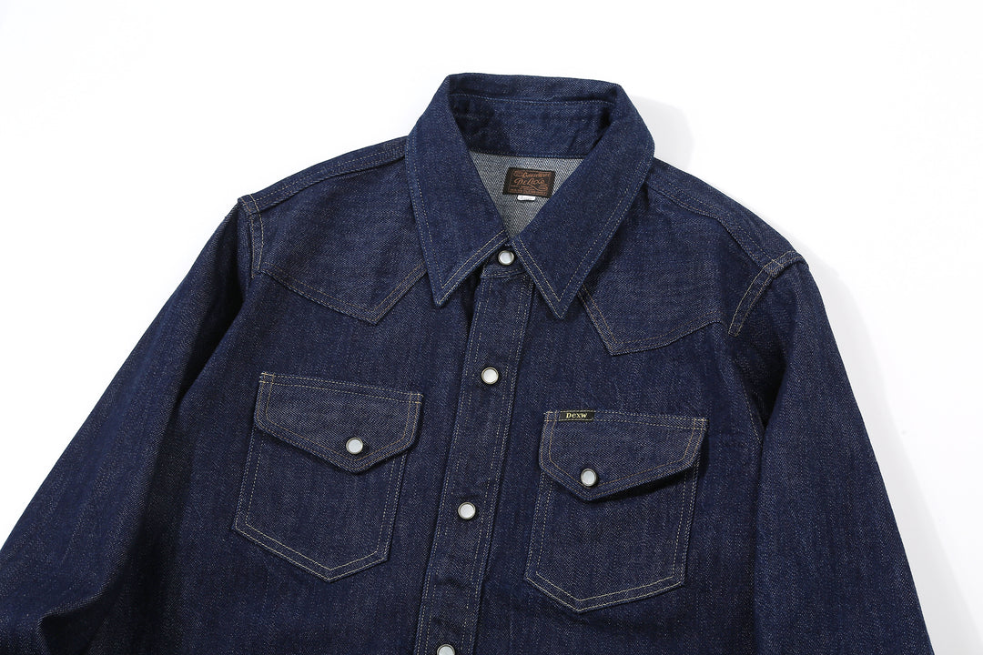 Deluxeware 7600 Wildman 10oz selvedge denim western shirt indigo front detail