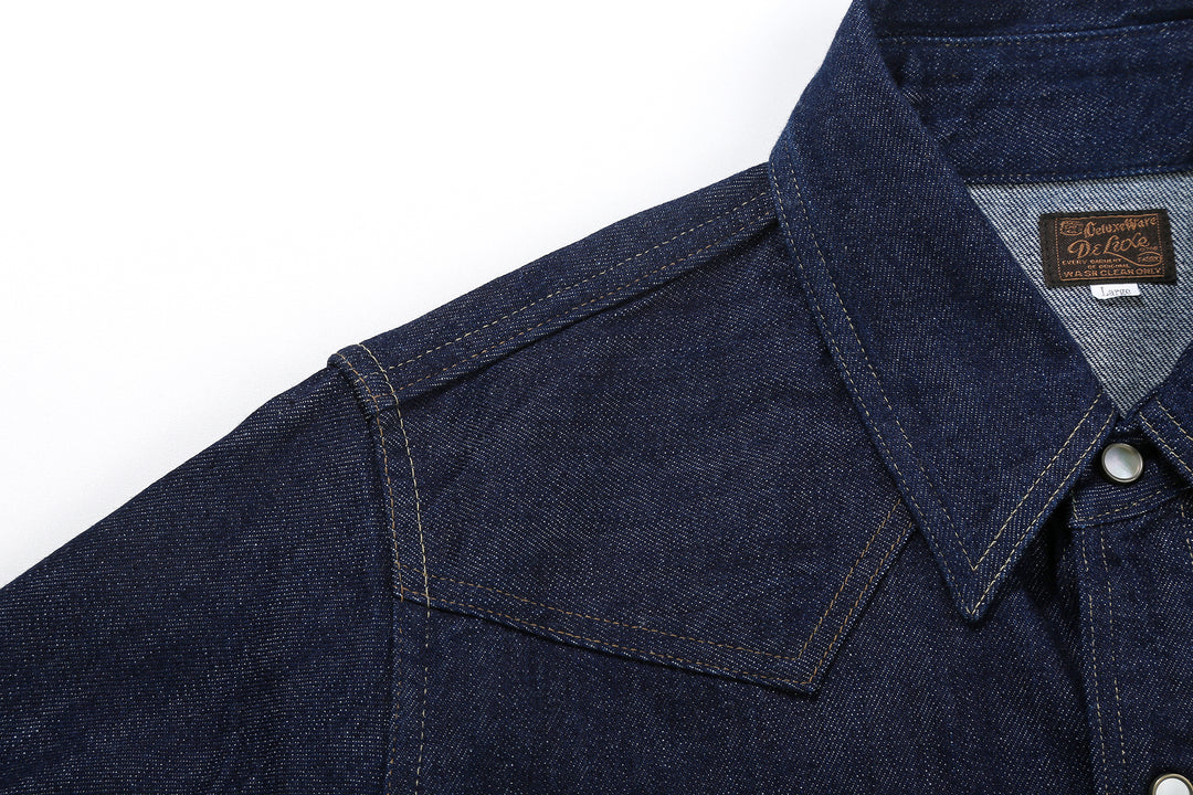 Deluxeware 7600 Wildman 10oz selvedge denim western shirt indigo shoulder seam