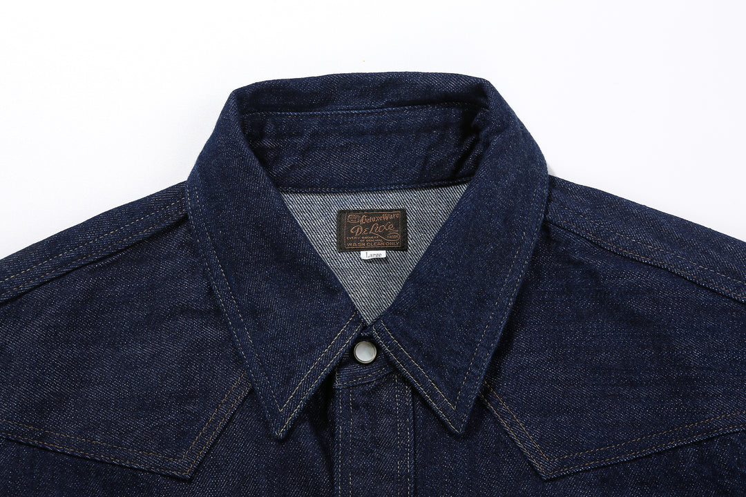 Deluxeware 7600 Wildman 10oz selvedge denim western shirt indigo collar
