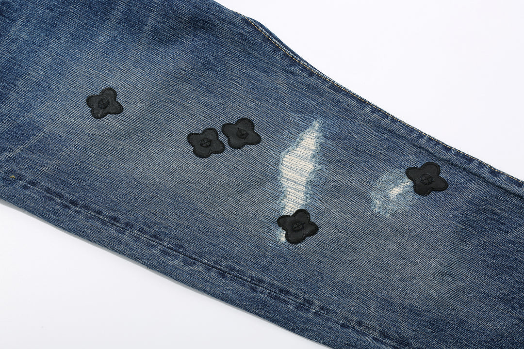 Brú na Bóinne 7772A 13.5oz Selvedge Denim - Midnight Flowers Vintage Wash Leather Flowers