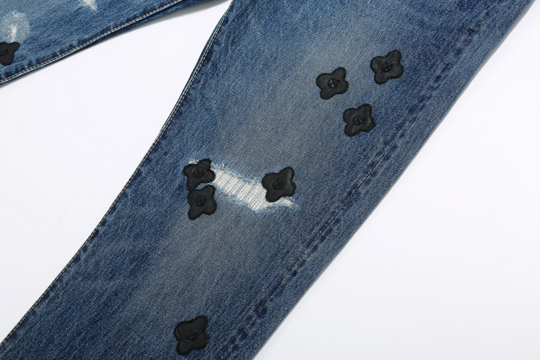 Brú na Bóinne 7772A 13.5oz Selvedge Denim - Midnight Flowers Vintage Wash Leather Flowers