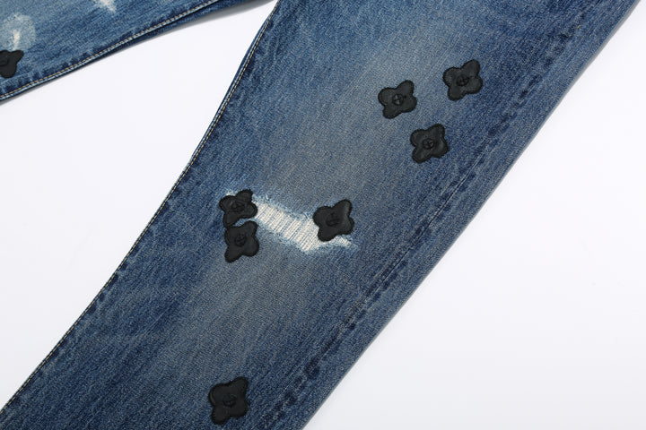 Brú na Bóinne 7772A 13.5oz Selvedge Denim - Midnight Flowers Vintage Wash Leather Flowers