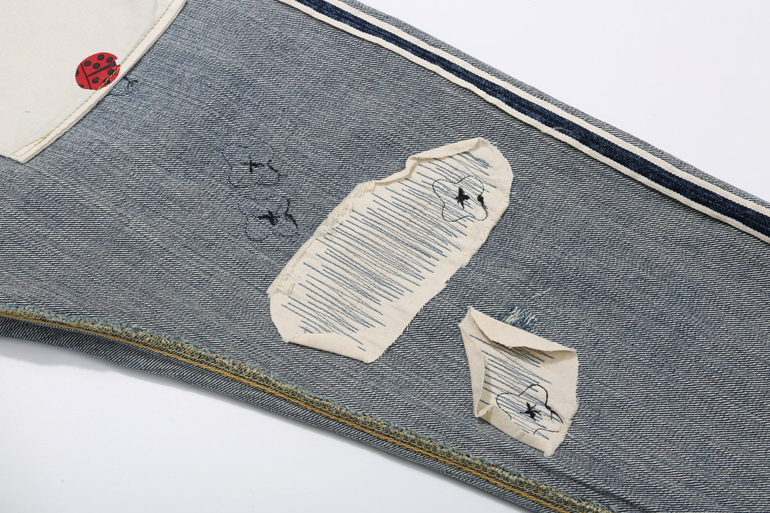 Brú na Bóinne 7772A 13.5oz Selvedge Denim - Midnight Flowers Vintage Wash Mending Reverse Face