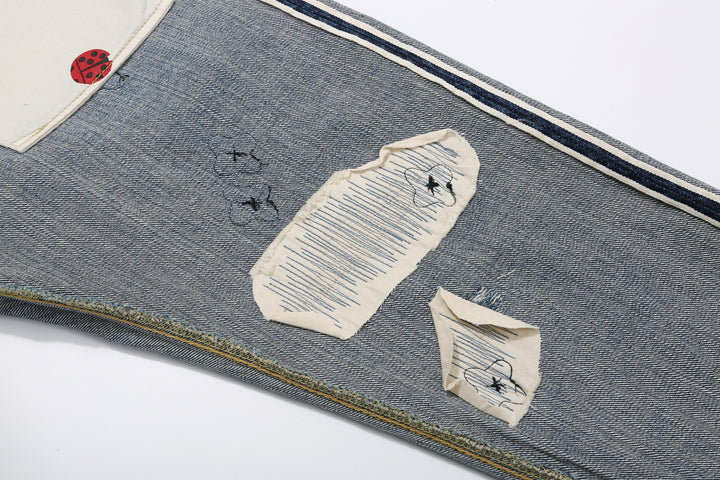 Brú na Bóinne 7772A 13.5oz Selvedge Denim - Midnight Flowers Vintage Wash Mending Reverse Face