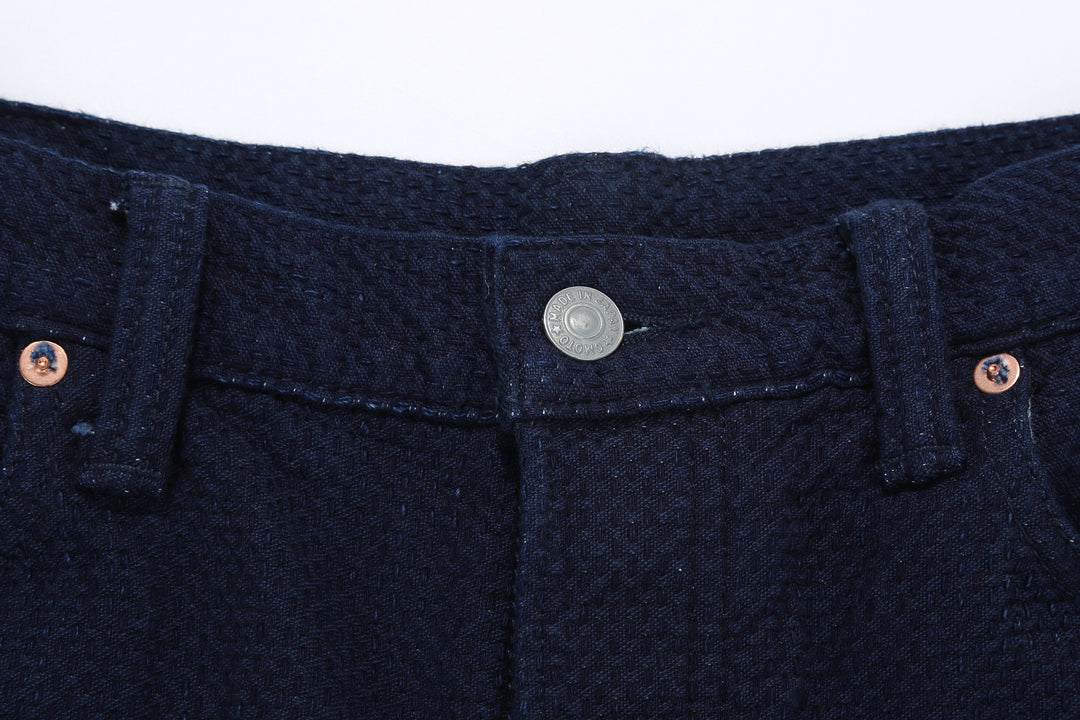Omoto Denim 0621 indigo sashiko trousers relaxed tapered Japanese pants button