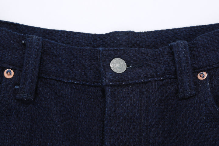 Omoto Denim 0621 indigo sashiko trousers relaxed tapered Japanese pants button