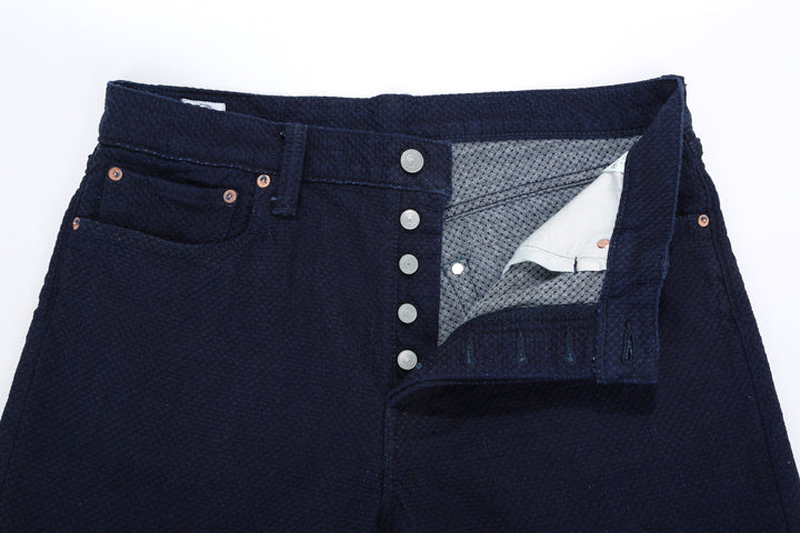 Omoto Denim 0621 indigo sashiko trousers relaxed tapered Japanese pants detail 