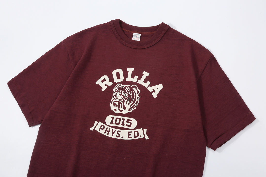 Warehouse Lot 4601 ROLLA shadow border slub yarn crew neck T-shirt knit made in Japan burgundy front view logo