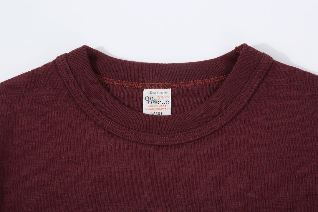 Warehouse Lot 4601 ROLLA shadow border slub yarn crew neck T-shirt knit made in Japan burgundy front view binder neck