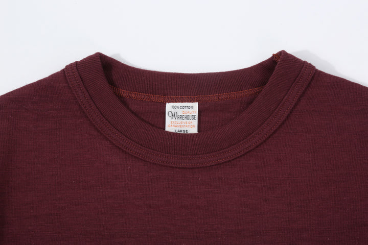 Warehouse Lot 4601 ROLLA shadow border slub yarn crew neck T-shirt knit made in Japan burgundy front view binder neck