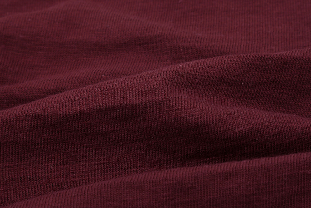 Warehouse Lot 4601 ROLLA shadow border slub yarn crew neck T-shirt knit made in Japan burgundy front view fabric close up