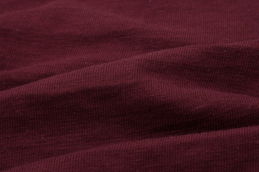 Warehouse Lot 4601 ROLLA shadow border slub yarn crew neck T-shirt knit made in Japan burgundy front view fabric close up