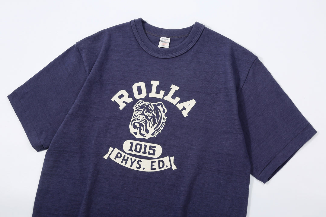 Warehouse Lot 4601 ROLLA shadow border slub yarn crew neck T-shirt knit made in Japan navy front view logo