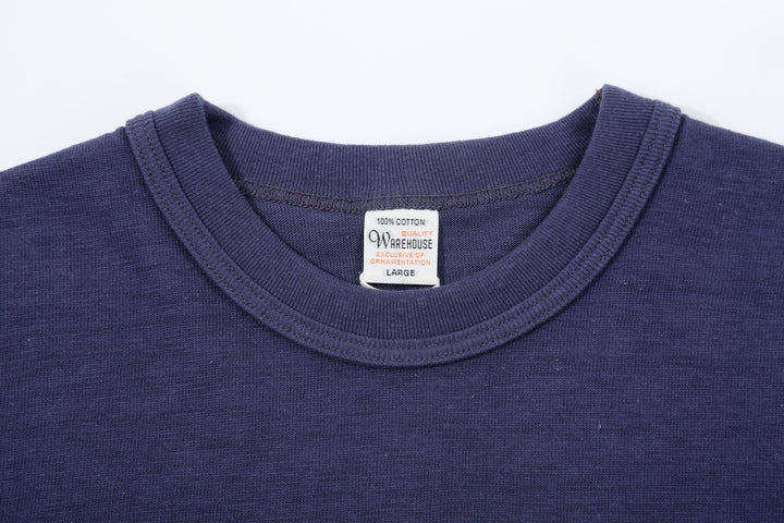 Warehouse Lot 4601 ROLLA shadow border slub yarn crew neck T-shirt knit made in Japan navy front view binder neck