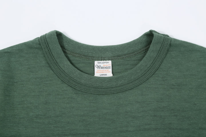 Warehouse Lot 4601 shadow border slub yarn crew neck T-shirt made in Japan collar close up
