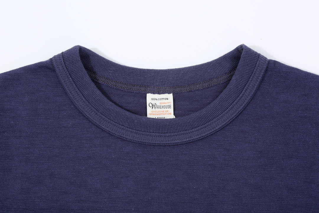 Warehouse Lot 4601 shadow border slub yarn crew neck T-shirt made in Japan navy collar close up